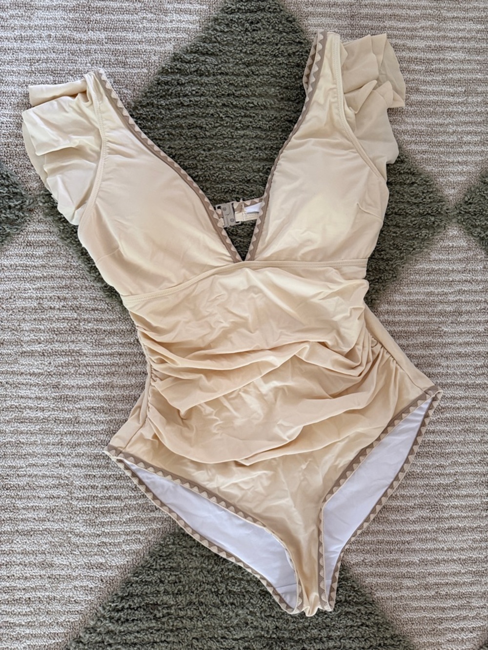 Cream Ruffled V-Neck One-Piece Swimsuit